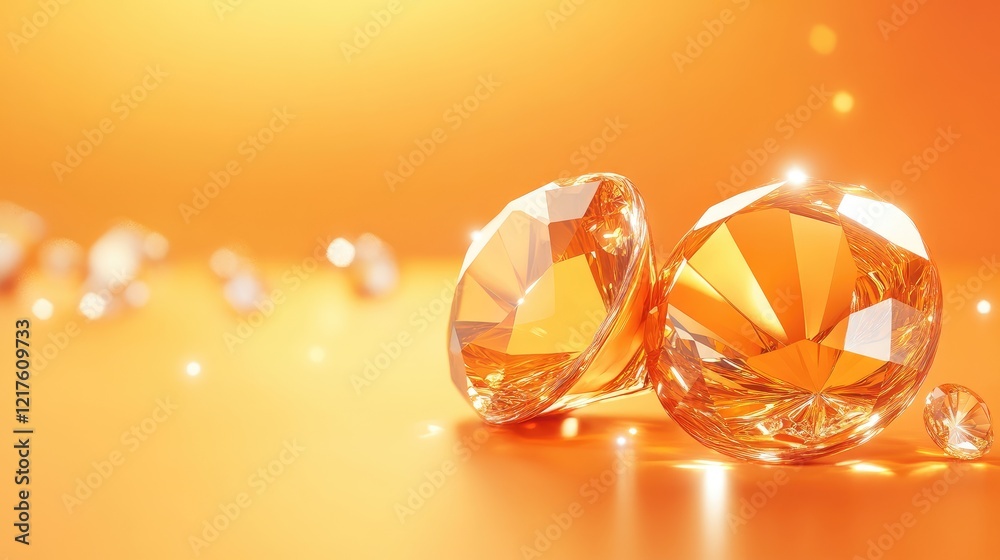 Poster orange crystal diamonds on a bright orange background with soft bokeh effect and copy space for text