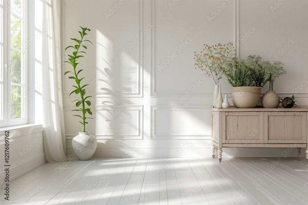 Poster a white room with a large window and a potted plant. the room is empty and has a minimalist feel. ai