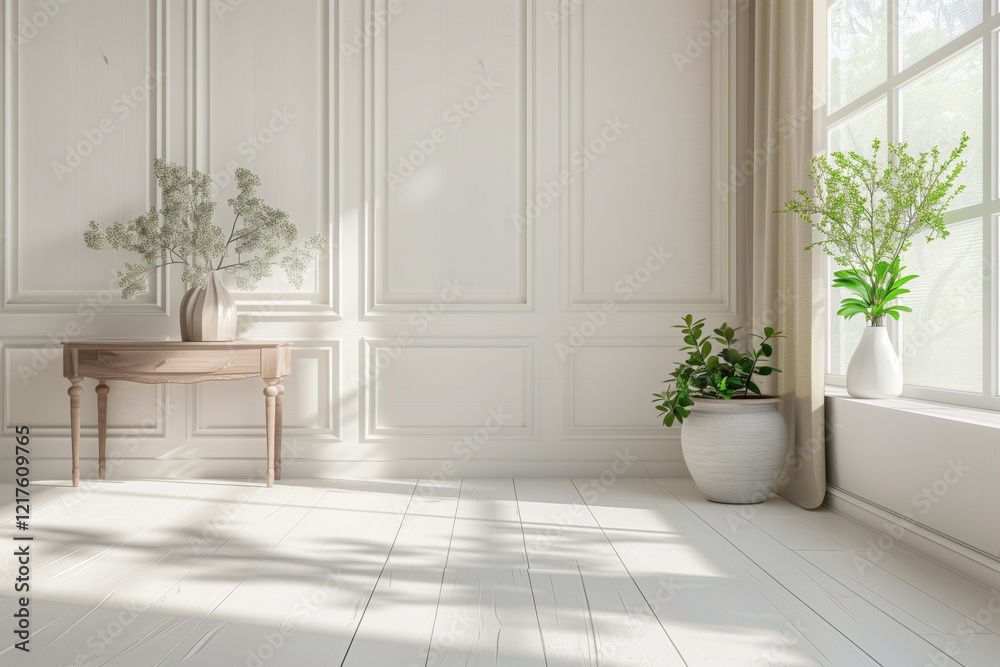 Poster a large white room with a white table and white curtains. the room is empty and has a minimalist fee
