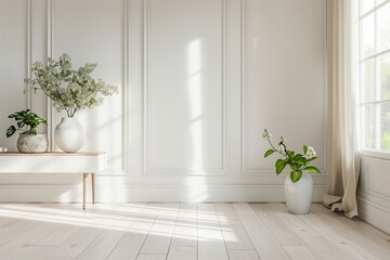 A white room with a large window and a white bench. There are two potted plants, one on the left and one on the right. AI generated.