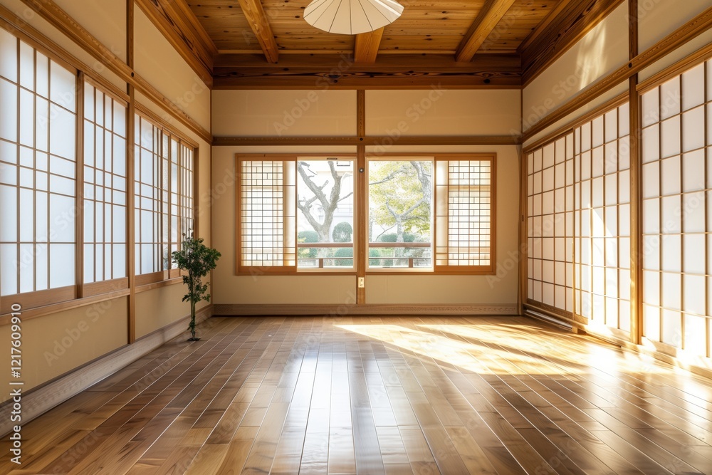 Poster a large room with a lot of windows and a plant in the corner. the room is empty and has a lot of nat