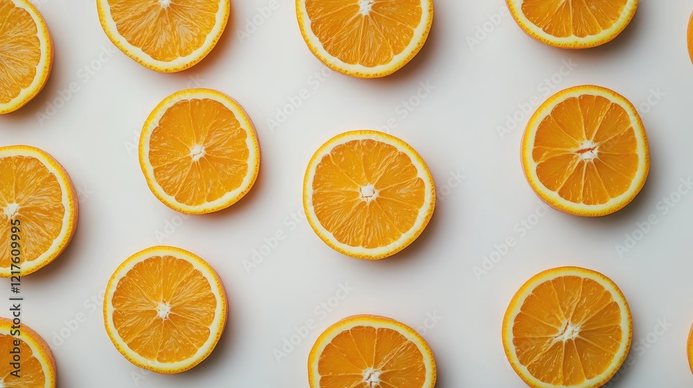 Poster sliced orange circles arranged in a repeating pattern on a light background with ample copy space.