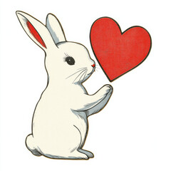 Vintage retro white bunny illustration for a kitsch Valentine&rsquo;s Day card, isolated clipart on a white background