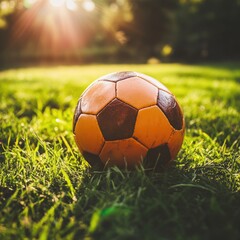 Fototapeta premium Soccer ball on green grass illuminated by sunlight with bokeh effect background and copy space for text