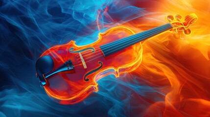 Fototapeta premium A vibrant violin amidst swirling blue and orange smoke, creating a dynamic visual effect that symbolizes music and creativity.
