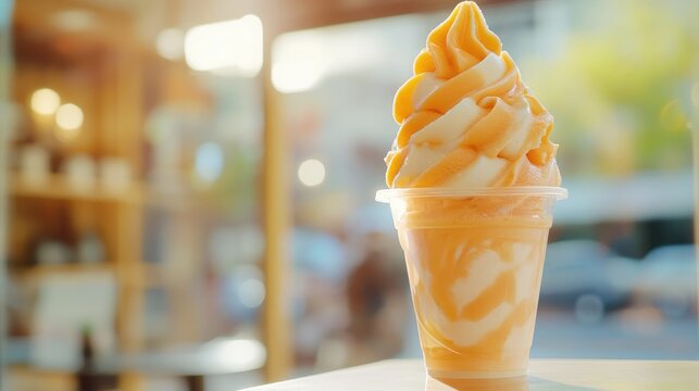 Swirled vanilla and orange soft serve ice cream in plastic cup with sunlit background and copy space.