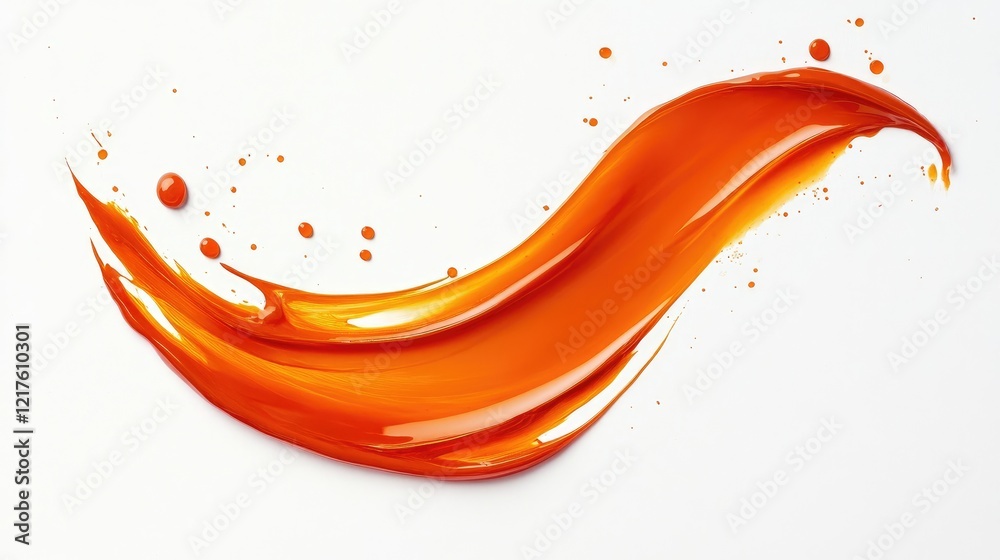 Poster bright orange paint splash on white background with dynamic fluid shape and copy space for text inse