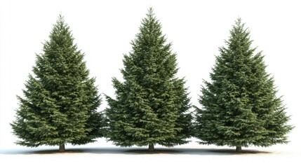 Three dense evergreen trees with lush green foliage isolated on a white background with ample copy space for text.