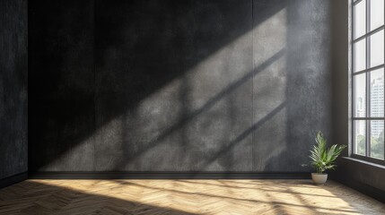 Empty room interior with sunlight casting shadows on dark textured wall and potted plant by window Copy Space