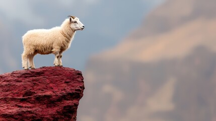 Fototapeta premium A lone sheep stands majestically on a rocky outcrop, gazing into the distance, surrounded by a blurred natural landscape.