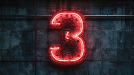 Neon light number three on a distressed concrete wall background with Copy Space for text placement