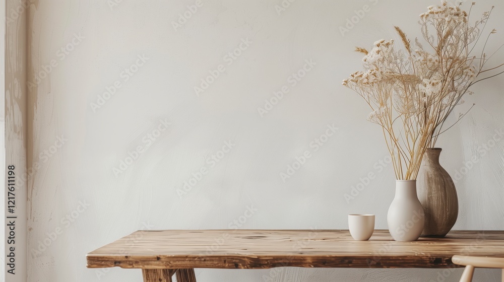 Aufkleber a wooden table with a vase of flowers and a cup on it. the table is empty and the vase is full of fl