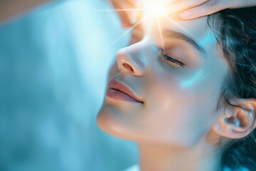 Fototapeta premium A Serene Young Woman Receiving Reiki Healing Therapy Up Close