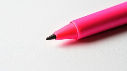 Pink marker pen lying on clean white paper with sharp tip visible and ample copy space for text placement.