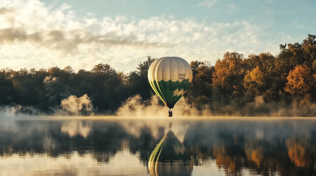serene hot air balloon over misty lake at sunrise with reflection and autumn colors in scenic landscape photography