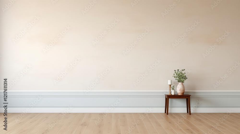 Poster a white room with a wooden table and a vase of flowers on it. the room is empty and has a minimalist