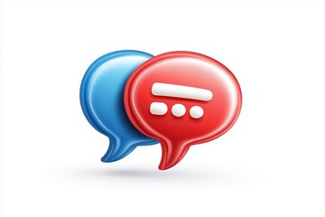 Red and blue chat bubbles with text symbol on plain background, representing online communication and digital conversation themes
