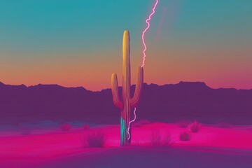 A vibrant, surreal desert landscape featuring a tall saguaro cactus struck by a pink lightning bolt during sunset.
