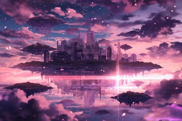 A Futuristic City Floating Amidst Pink Clouds and Stars