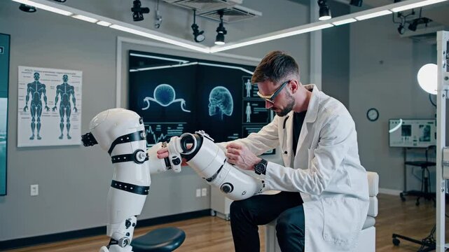 Robotics engineer performs maintenance on humanoid robot in a modern laboratory