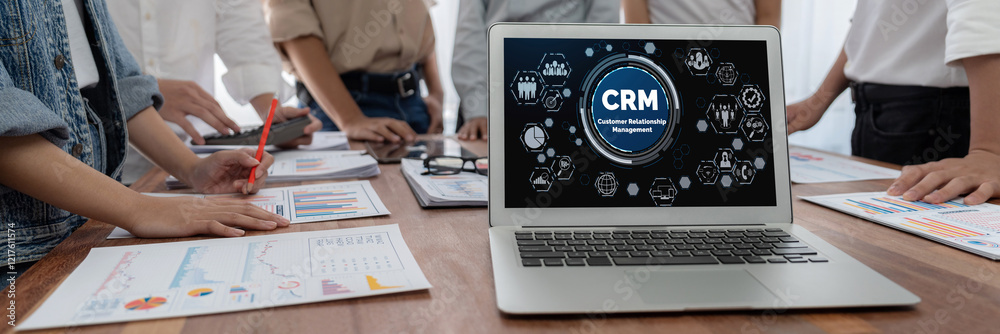 Poster customer relationship management system on brisk computer for crm business and enterprise