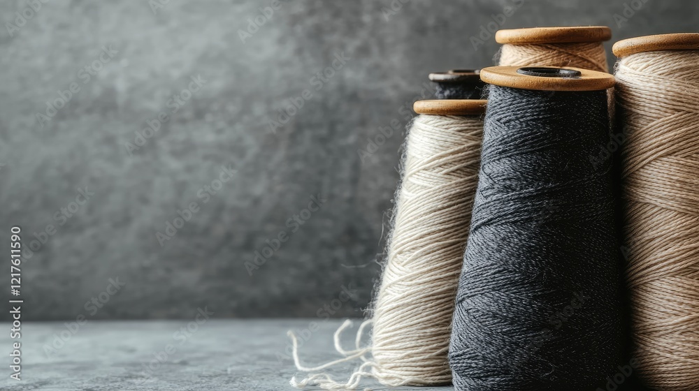 Poster spools of thread in various colors arranged on a textured surface with copy space for design purpose