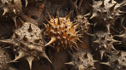 Close-up of spiky seed pods on a textured surface with natural brown tones and detailed textures Copy Space