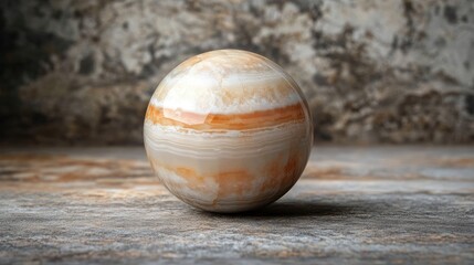 Marble sphere with beige and orange stripes on textured stone background with copy space for text.