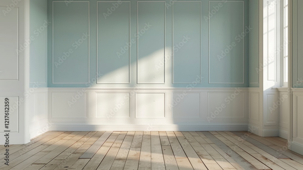 Poster A large, empty room with white walls and wooden floors. The room is very bright and airy, with sunlight streaming in through the windows. The space is open and uncluttered. AI generated.
