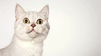 Fototapeta premium Curious light gray cat with large yellow eyes on white background