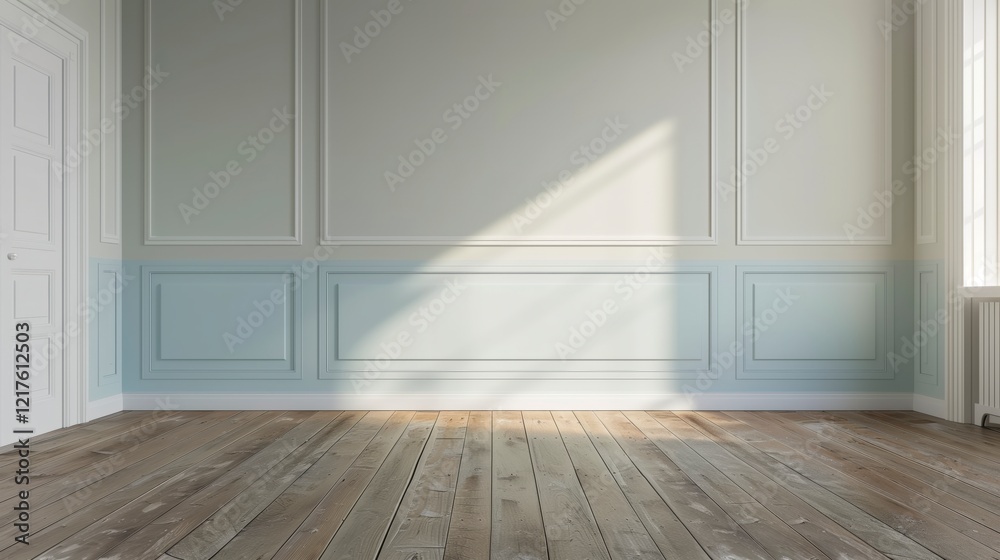 Poster a large room with a white wall and blue trim. the room is empty and has a lot of natural light comin