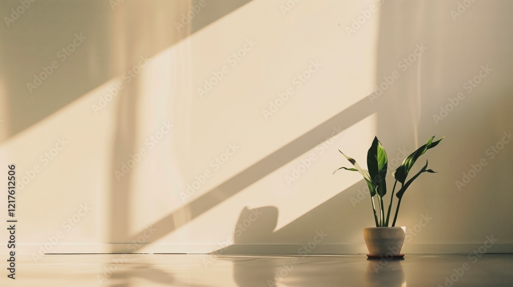 Poster a potted plant sits in front of a window, casting a shadow on the floor. the plant is a small palm t