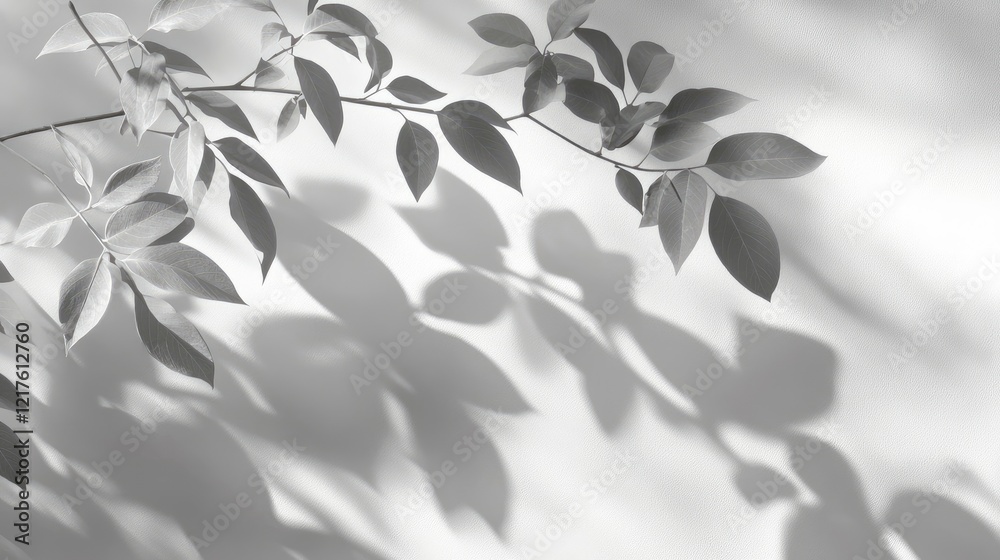 Poster minimalist composition of green leaves casting soft shadows on a light background with ample copy sp
