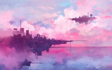 Obraz premium Floating Cities Above Pink And Purple Cloudscape