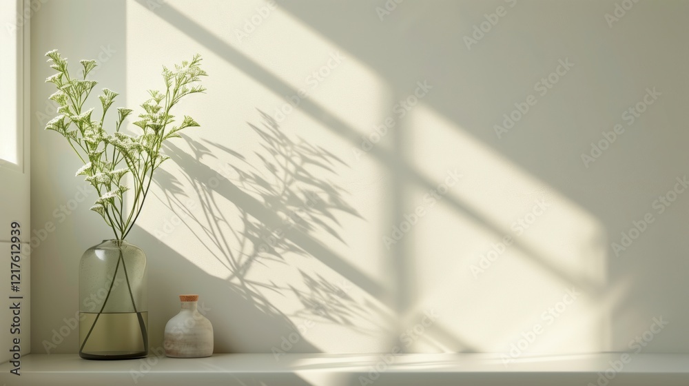 Fototapete a vase with flowers sits on a shelf next to a window. the sunlight casts a shadow on the wall, creat