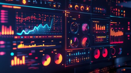 Obraz premium A vibrant display of a multiscreen setup in a control room showing various charts and live data streams on energy consumption with alerts for any anomalies highlighted in red.