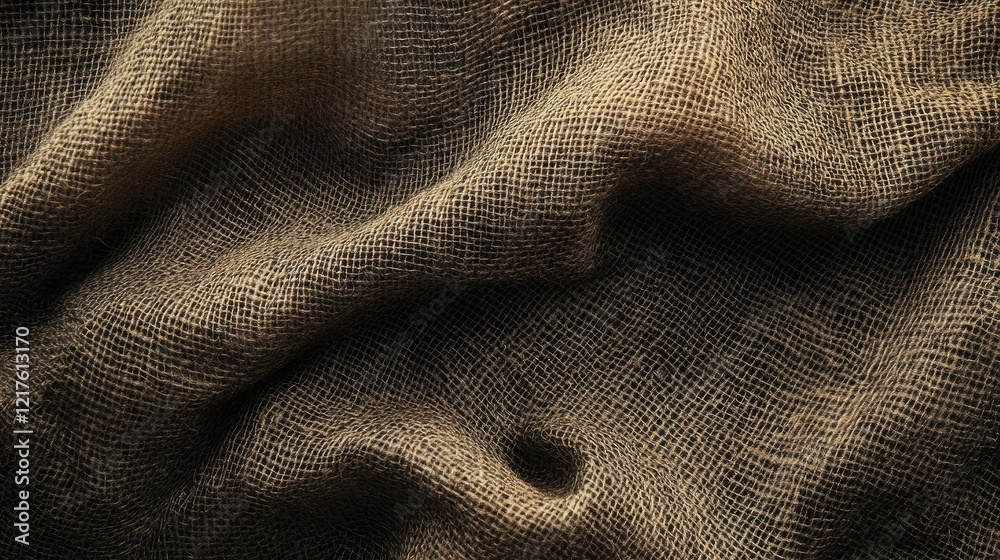 Poster Textured burlap fabric with intricate patterns and folds suitable for background use or textile design. Copy Space available.