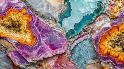 Obraz premium Colorful agate stone background texture with layered patterns and natural formations featuring purple, orange, green, and blue hues Copy Space