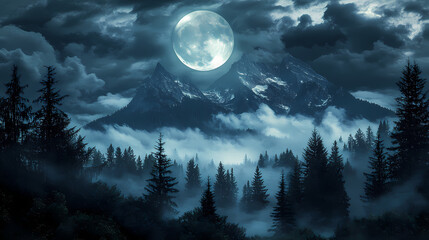 Naklejka premium Mysterious and enchanting moonlit mountain forest landscape with dramatic cloudy sky serene atmospheric and ethereal nature scene with silhouetted trees and misty backdrop. Moonlit Ridge. Illustration
