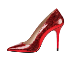 Sparkling red high-heeled stiletto shoe with a pointed toe, isolated on transparent cutout background