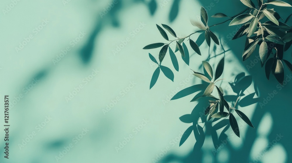 Poster green wall with shadows of leaves creating an abstract pattern and copy space for text placement