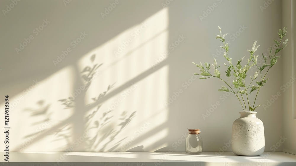 Poster a vase with a plant in it sits on a shelf in front of a window. the sunlight casts a shadow on the s