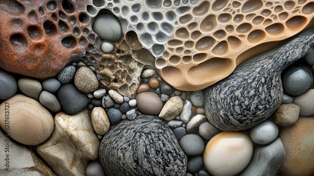 Poster textured collection of various stones and pebbles with unique surface patterns and colors including 