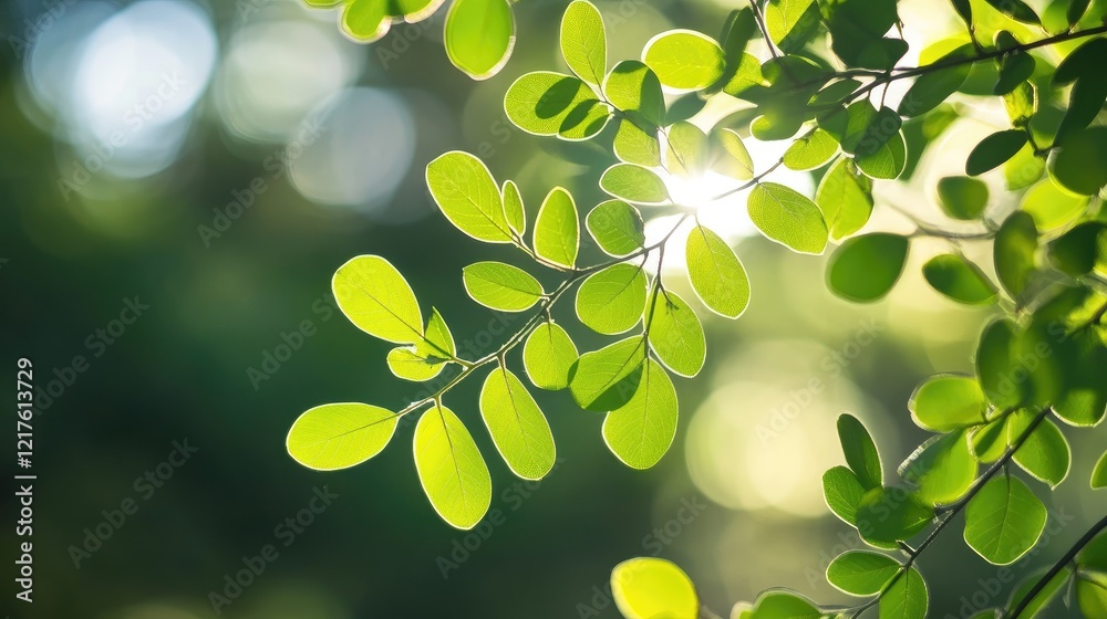 Poster green leaves illuminated by sunlight with soft bokeh background and copy space for text insertion