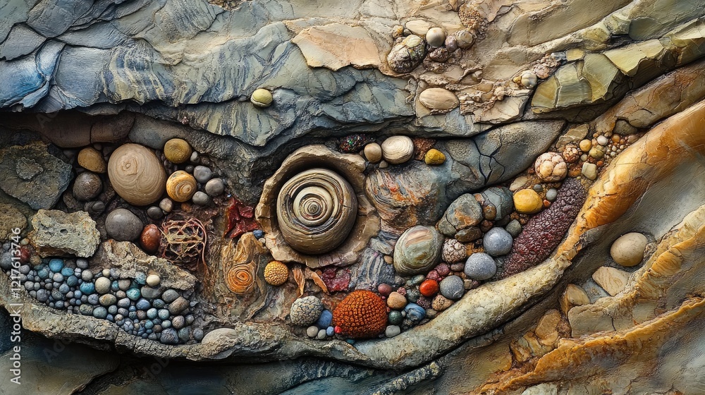 Poster detailed close-up of textured rock layers featuring assorted colorful stones and shells with copy sp