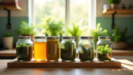 Jars filled with herbs and drinks in a bright kitchen, showcasing a vibrant and healthy lifestyle