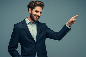 Confident Businessman in Suit Smiling and Pointing to the Right