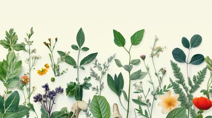 Assorted fresh herbs leaves flowers and mushrooms arranged on a light background with ample copy space for text insertion