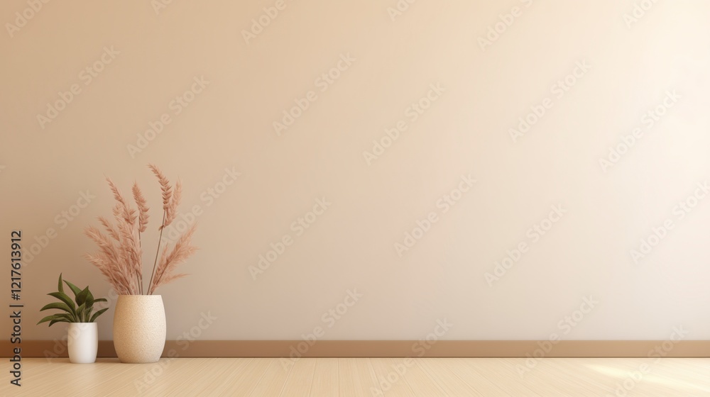 Poster a white vase with a plant in it is placed on a wooden floor in front of a white wall. the vase is po