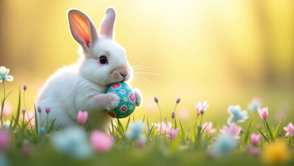 Fototapeta premium Cute Easter bunny holding a decorative egg in a blooming flower field with a warm glow